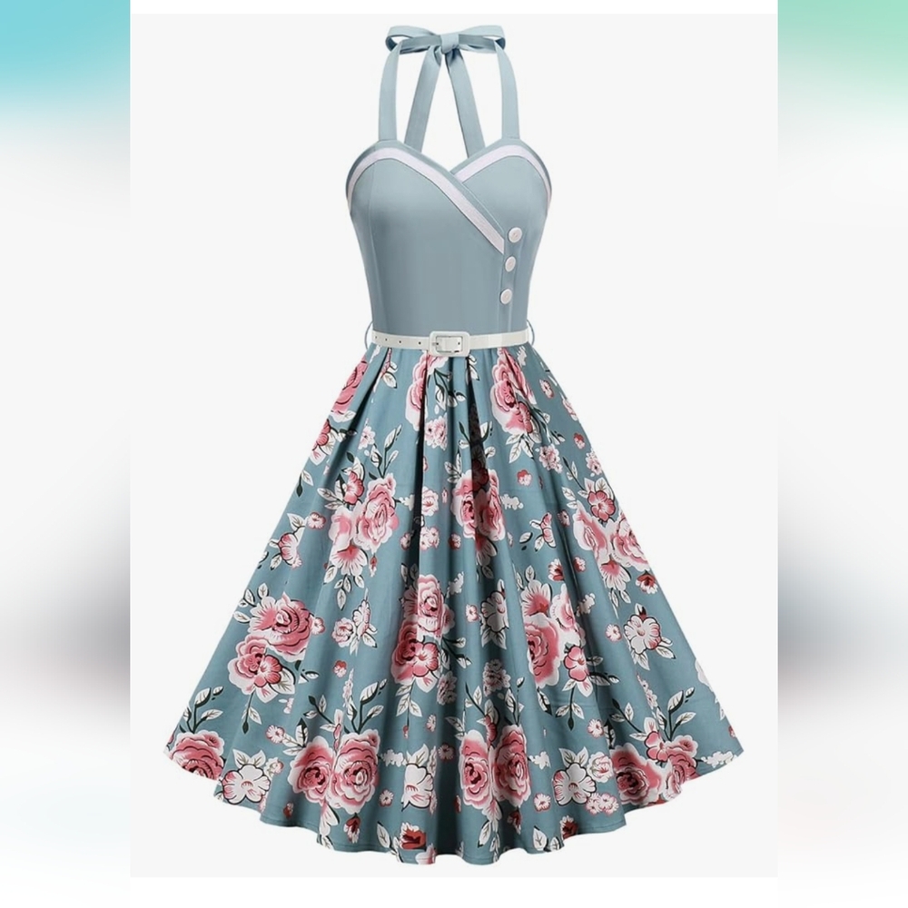 1950s Styled Chic Floral Midi Dress in Blue and Pink
